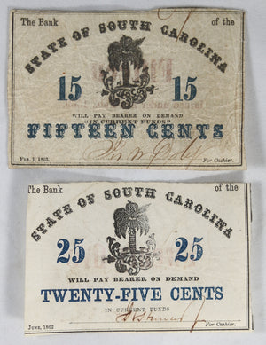 Confederate notes Bank of South Carolina 15¢ & 25¢ (1863/2)