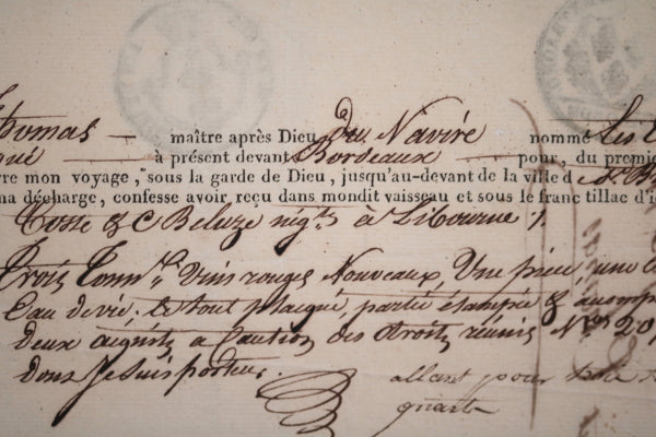 Connaissement maritime 1825 Bordeaux à St Brieuc pour vins Connaissement maritime 1825 Bordeaux à St Brieuc pour vins