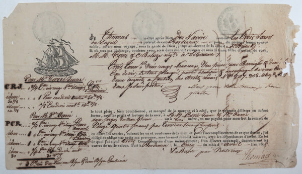 Connaissement maritime 1825 Bordeaux à St Brieuc pour vins Connaissement maritime 1825 Bordeaux à St Brieuc pour vins