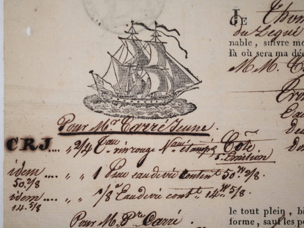 Connaissement maritime 1825 Bordeaux à St Brieuc pour vins Connaissement maritime 1825 Bordeaux à St Brieuc pour vins