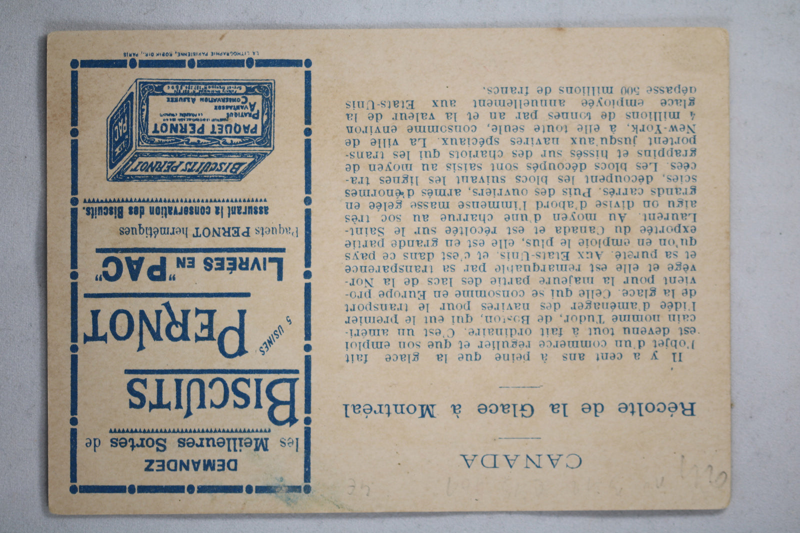 Cutting ice blocks near Montreal - Pernot Biscuits victorian trade card