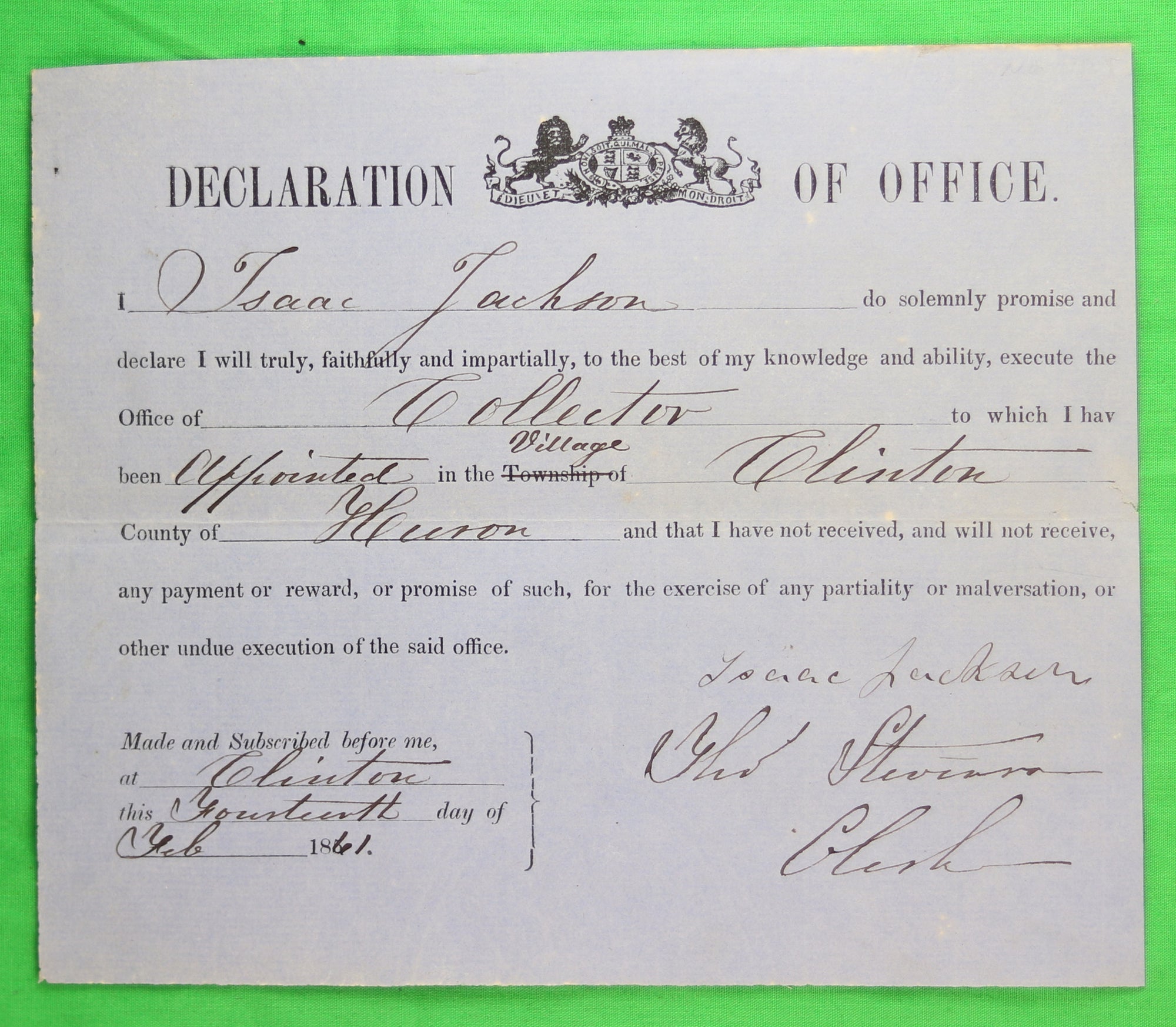 Declaration of Office - Collector for Clinton Ont. (1861)