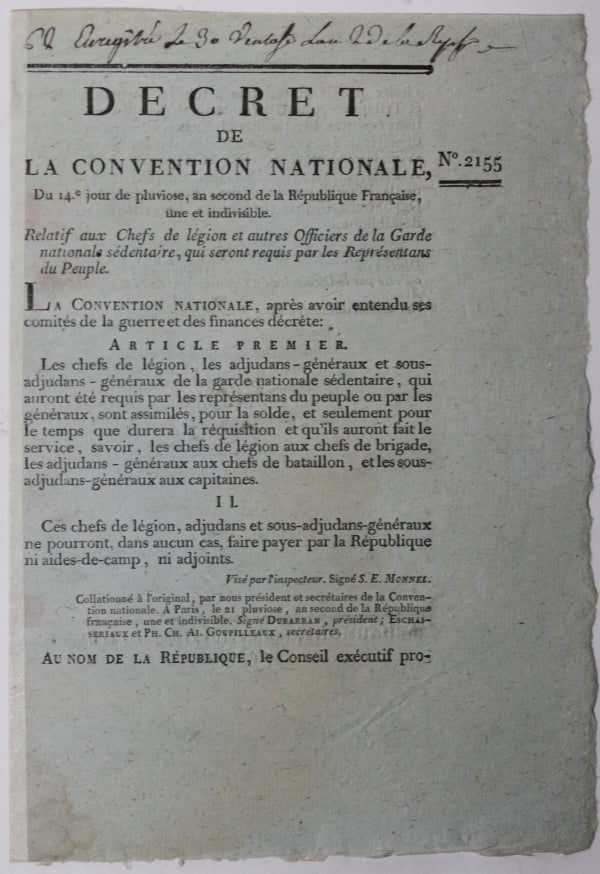 Décret 1794 Chefs de légions et Officiers  Garde Nationale sédentaire