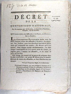 Décret 1793 Convention Nationale Invitation pour offrandes de chemises, bas, et souliers