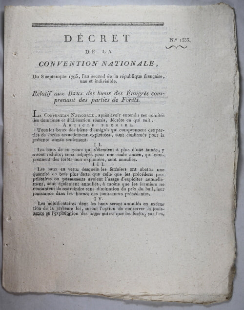 Décret 1793 baux de biens d’Émigrés comprenant parties de Forêts