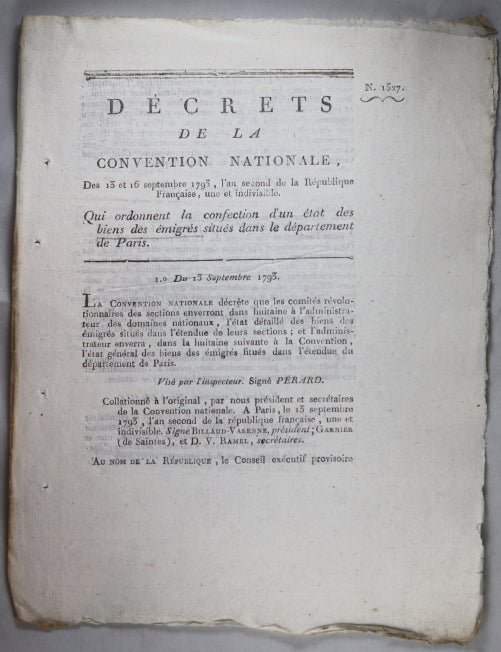 Décret 1793 état des biens des émigrés dans le département de Paris