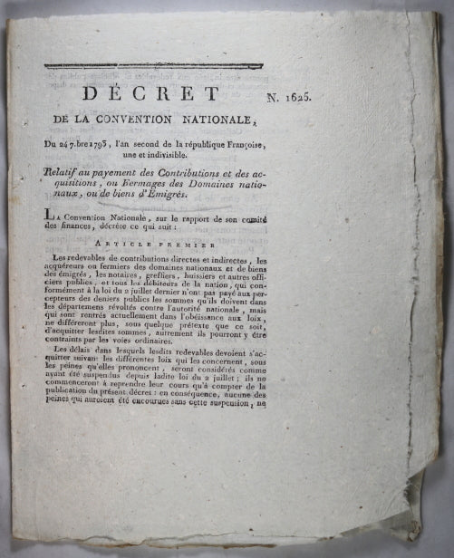 Décret 1793 payement contributions et acquisitions, ou biens d’Emigrés