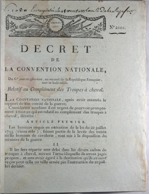 Décret 1794 Convention Nationale: relatif Complément Troupes à cheval Décret 1794 Convention Nationale: relatif Complément Troupes à cheval