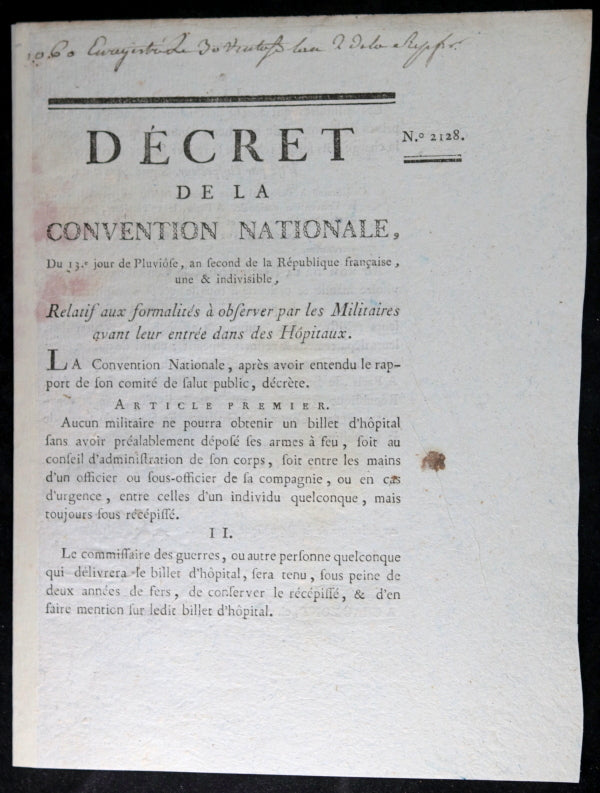 Décret 1794 Convention Nationale relatif Militaires entré dans Hôpitaux