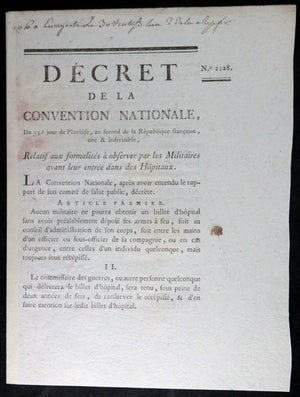 Décret 1794 Convention Nationale relatif Militaires entré dans Hôpitaux