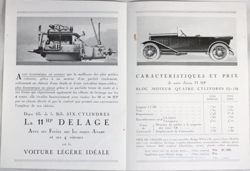 Depliant (Prospectus) pour automobile Delage 11 HP @1920