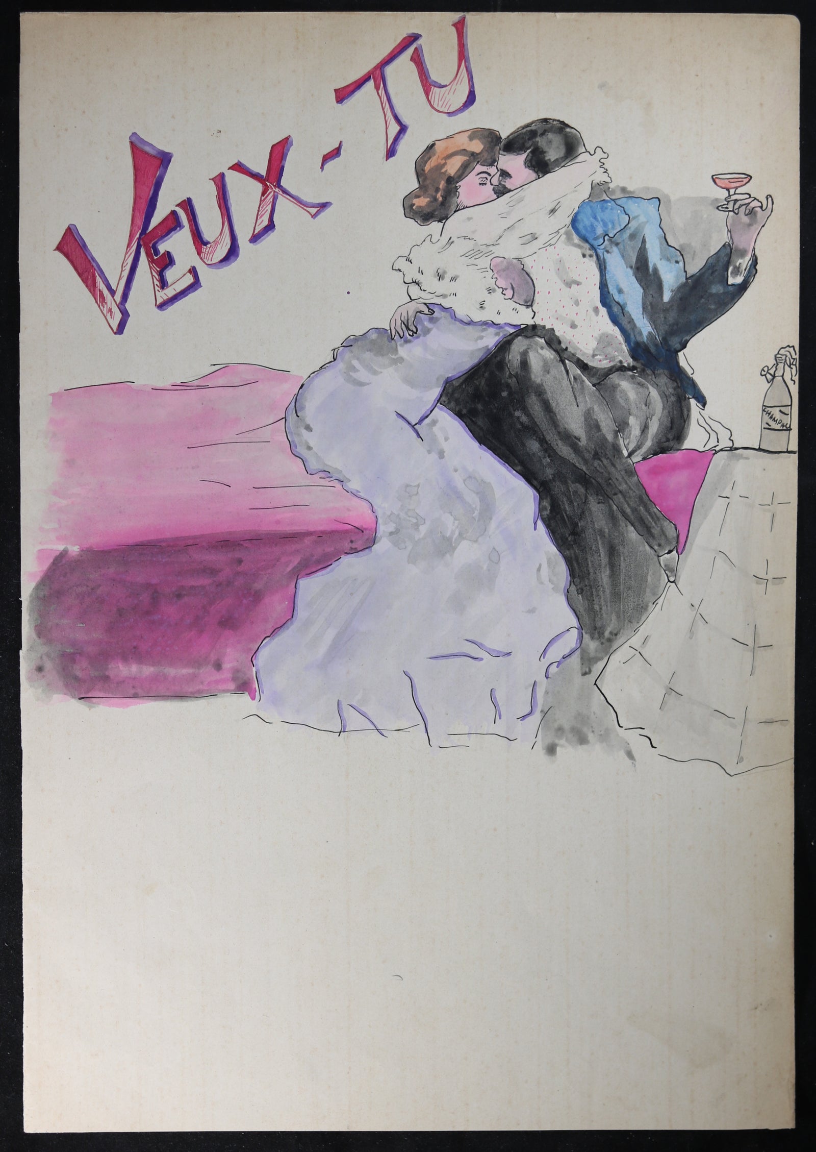 Dessin Belle Époque deux amoureux avec Champagne