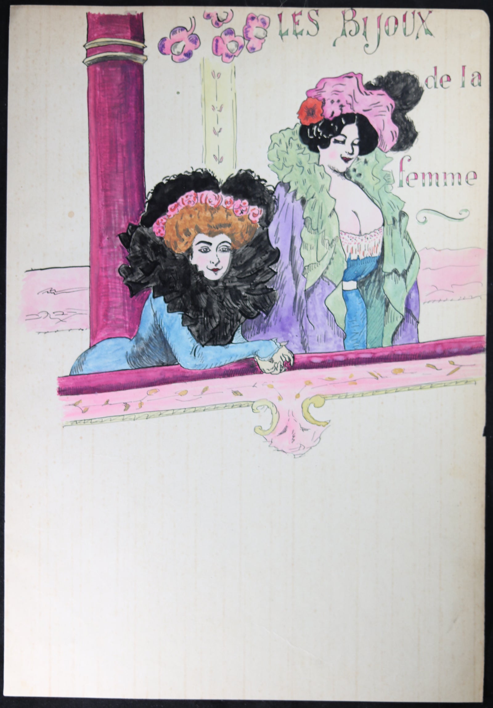 Dessin Belle Époque deux femmes au théatre