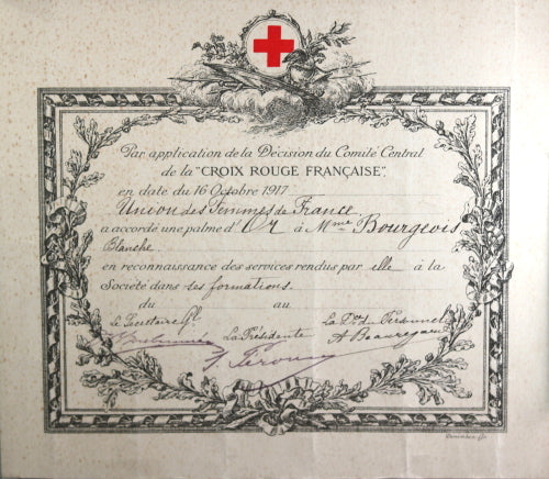 Diplome Palme d'Or du Croix-Rouge Français à une infirmière (Guerre 14-18)