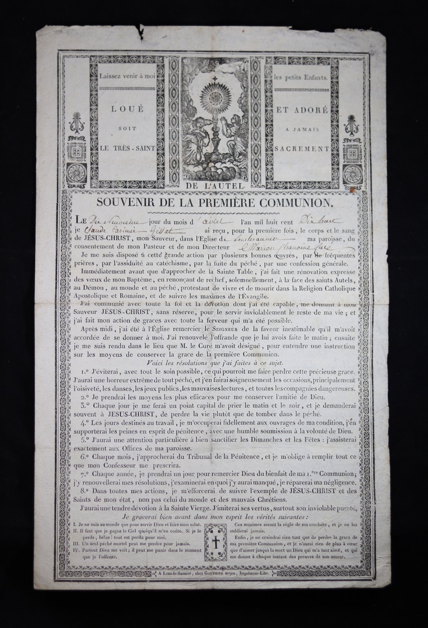 Document 1818 souvenir de la Premiere Communion (Lons-le-Saunier, Jura)