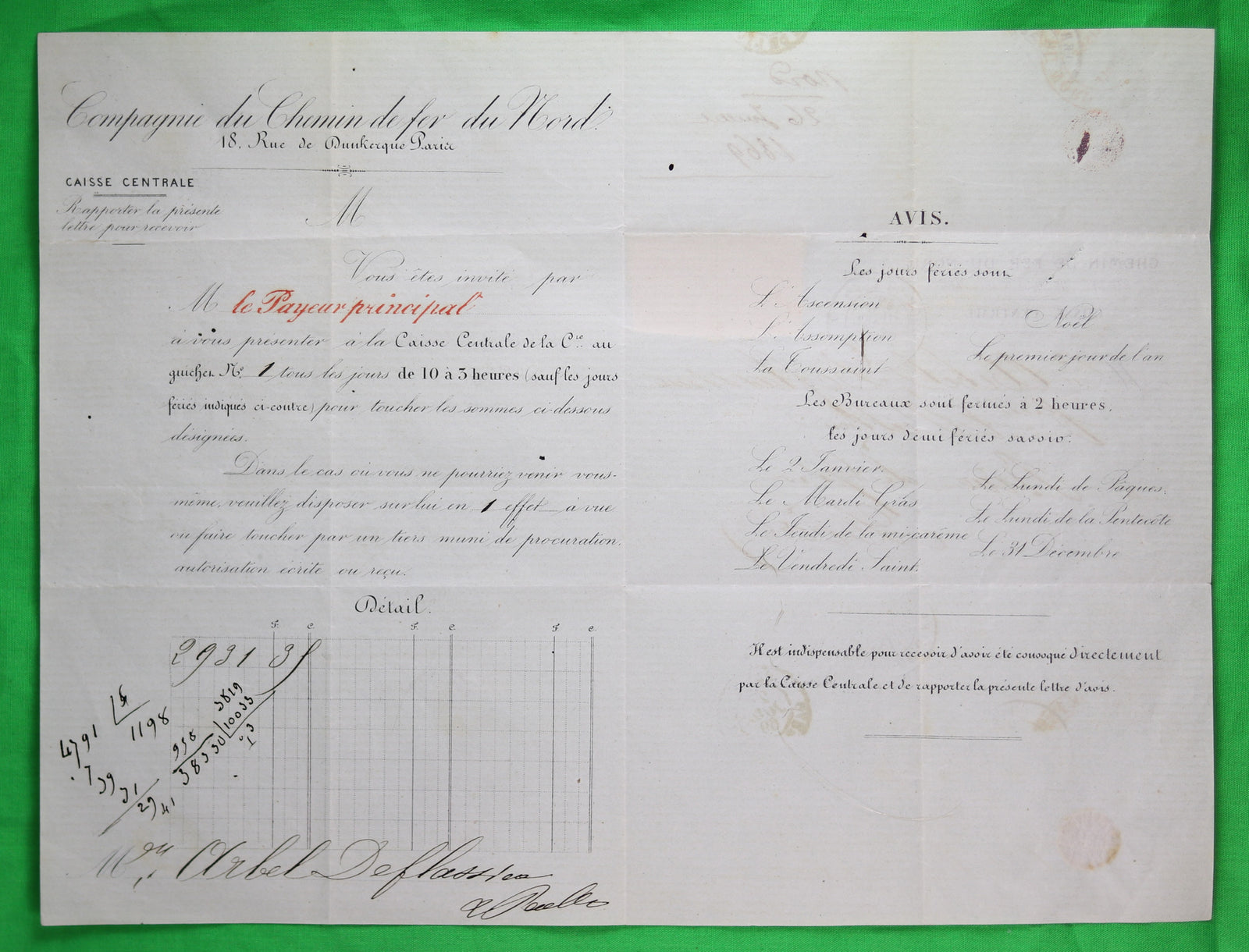 Document Compagnie du chemin de fer du Nord à Paris (1869), marcophilie