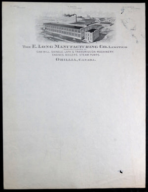 E. Long Manufacturing, Orillia Ontario, sheet with company letterhead