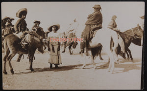 Early 1900s 3 photo postcards Pancho Villa, refugee camp, women horses