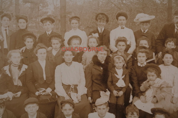 Early 1900s Ontario photo of kids & adults in forest, picnic