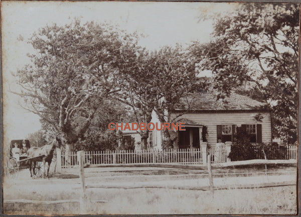 Early 1900s B&W photo two ladies in horse & carriage arriving at house