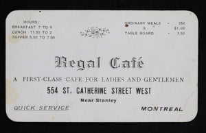 Early 1900s Regal Café card (Montreal QC)
