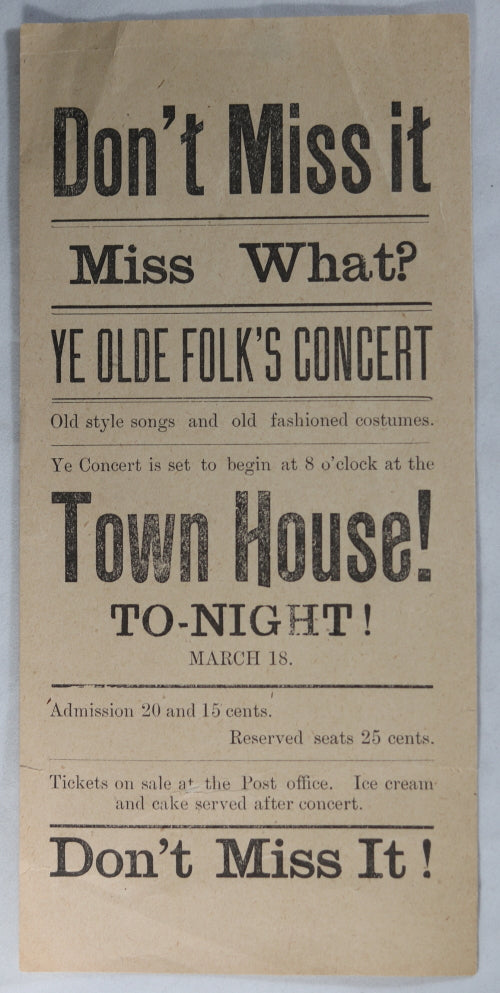 Early 1900s advertising flyer for 'Ye Olde Folk’s Concert'