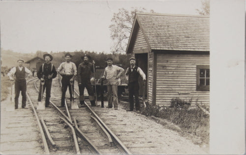 Early 1900s photo postcard of 6-man railway Section Crew