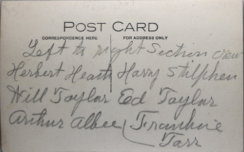 Early 1900s photo postcard of 6-man railway Section Crew