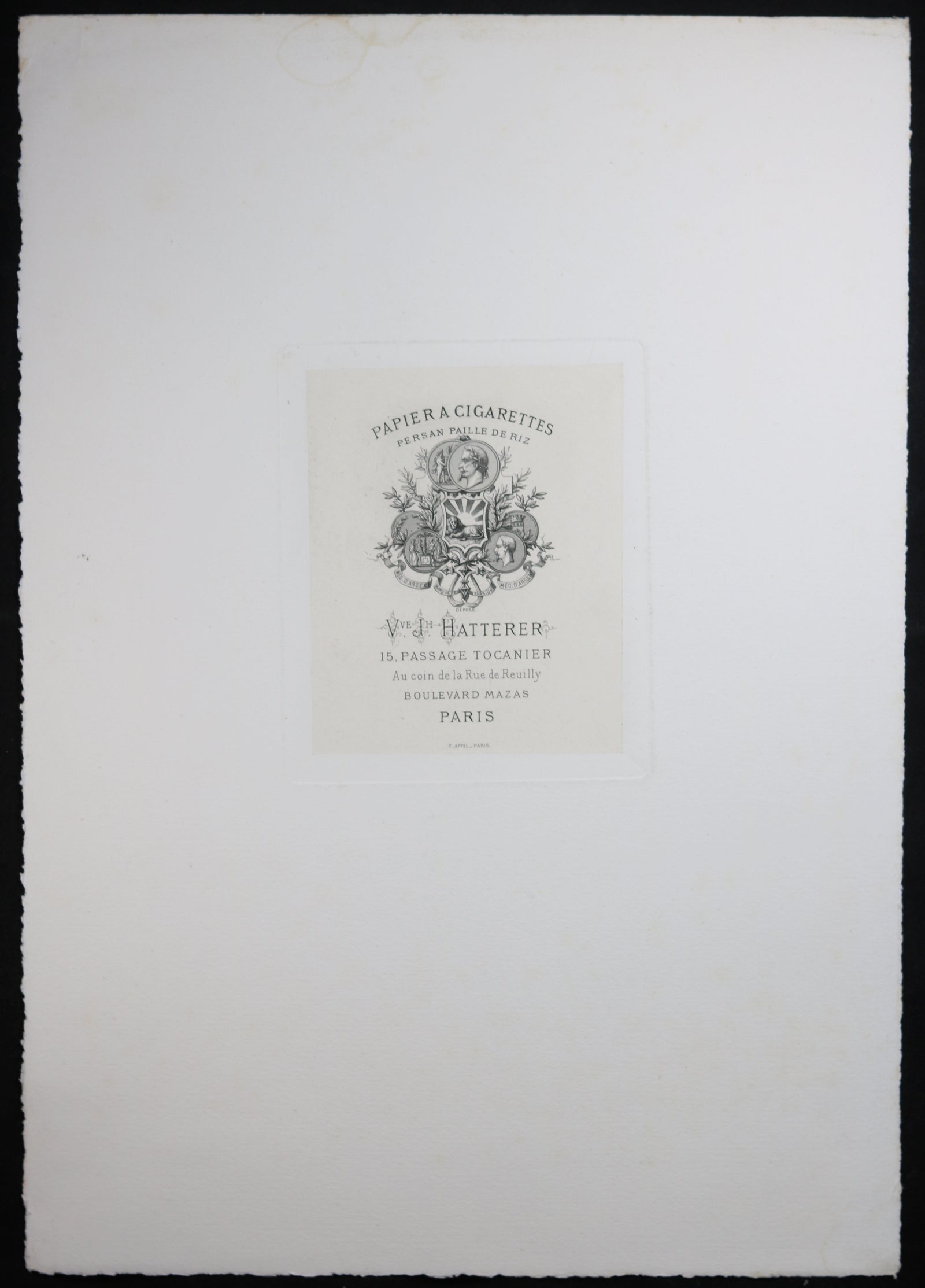 Estampe Veuve Hatterer Papier à Cigarettes Paris (fin 18e)