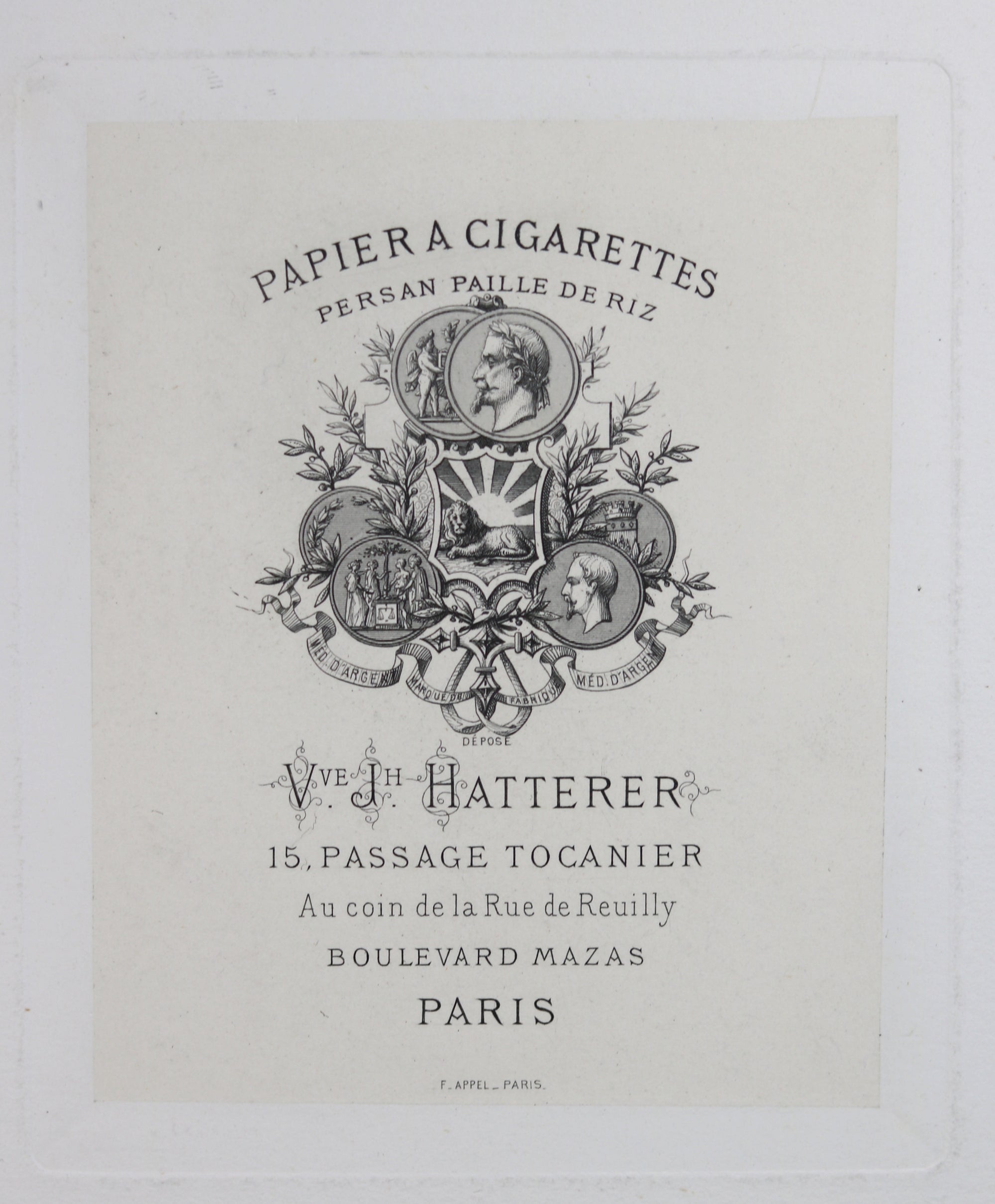 Estampe Veuve Hatterer Papier à Cigarettes Paris (fin 18e)