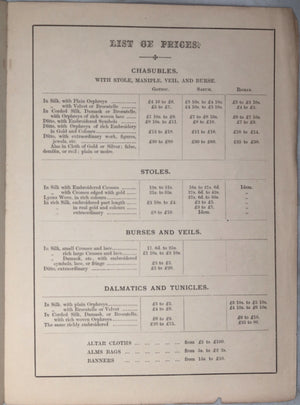 Eucharistic Vestment Maker price list (London England)  - mid 1800's