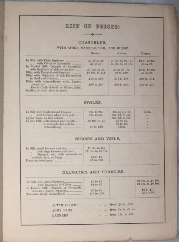 Eucharistic Vestment Maker price list (London England) - mid 1800's Eucharistic Vestment Maker price list (London England) - mid 1800's