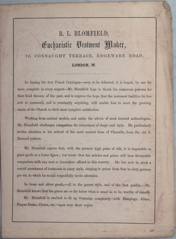 Eucharistic Vestment Maker price list (London England)  - mid 1800's