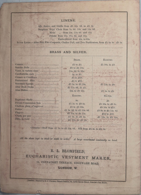 Eucharistic Vestment Maker price list (London England) - mid 1800's Eucharistic Vestment Maker price list (London England) - mid 1800's