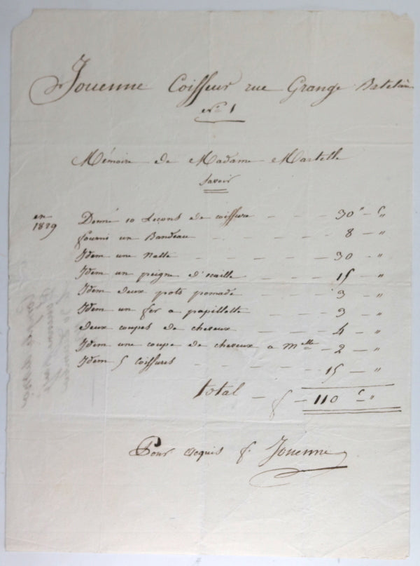 Facture Paris Jouenne- Coiffeur, Rue Grange-Batelière (1829)