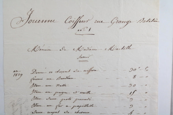Facture Paris Jouenne- Coiffeur, Rue Grange-Batelière (1829)