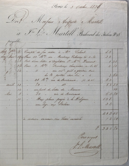Facture Paris Martell, Boulevard des Italiens (1828-29)