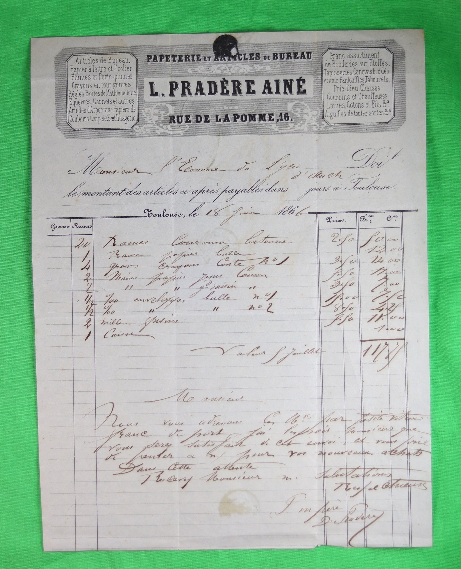 Facture de Pradère Aîné - Papeterie à Toulouse (1866)