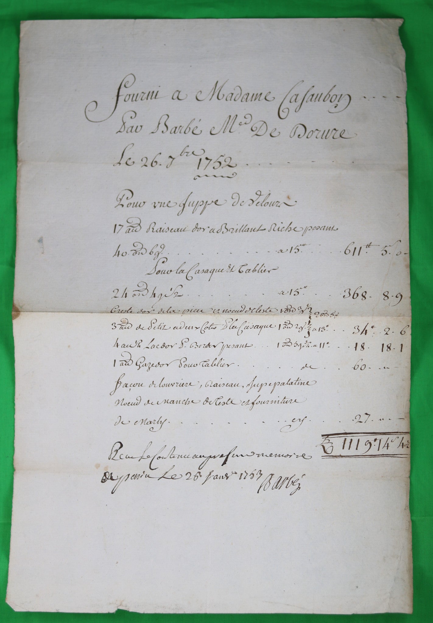 Facture de marchand de dorure Barbé, Paris 1752