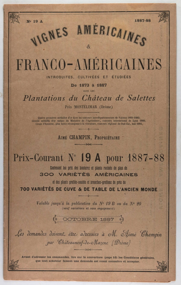 France 1888 Château Salettes - prix vignes Américaines-anciens (vin)