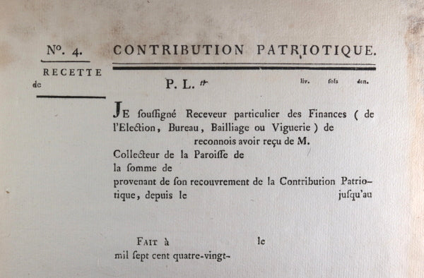 France Révolution, quittance contribution Patriotique vierge c. 1790