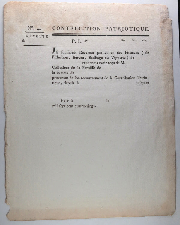 France Révolution, quittance contribution Patriotique vierge c. 1790