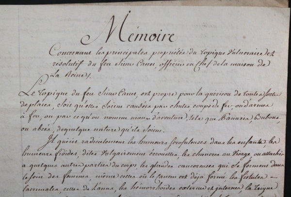 France XVIIIe mémoire sur topique vulnéraire Canet officier maison de la Reine