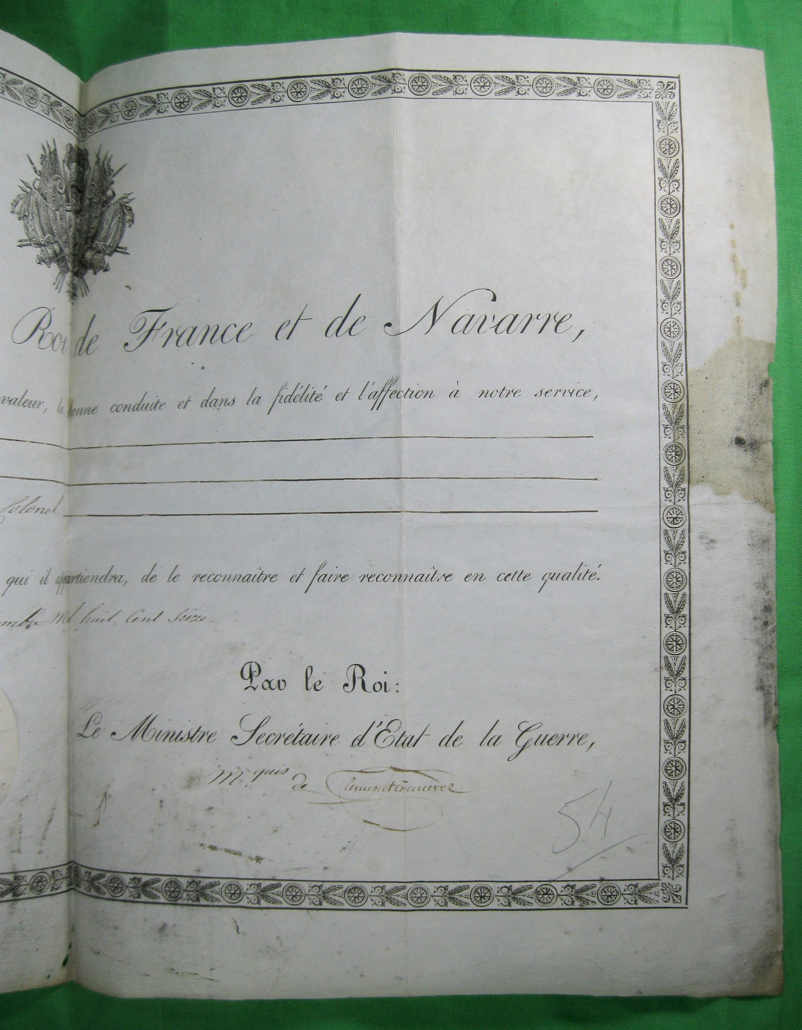 France 1816/1825 : Louis XVIII confère le grade honorifique de Colonel à l'oncle de l'Impératrice Joséphine