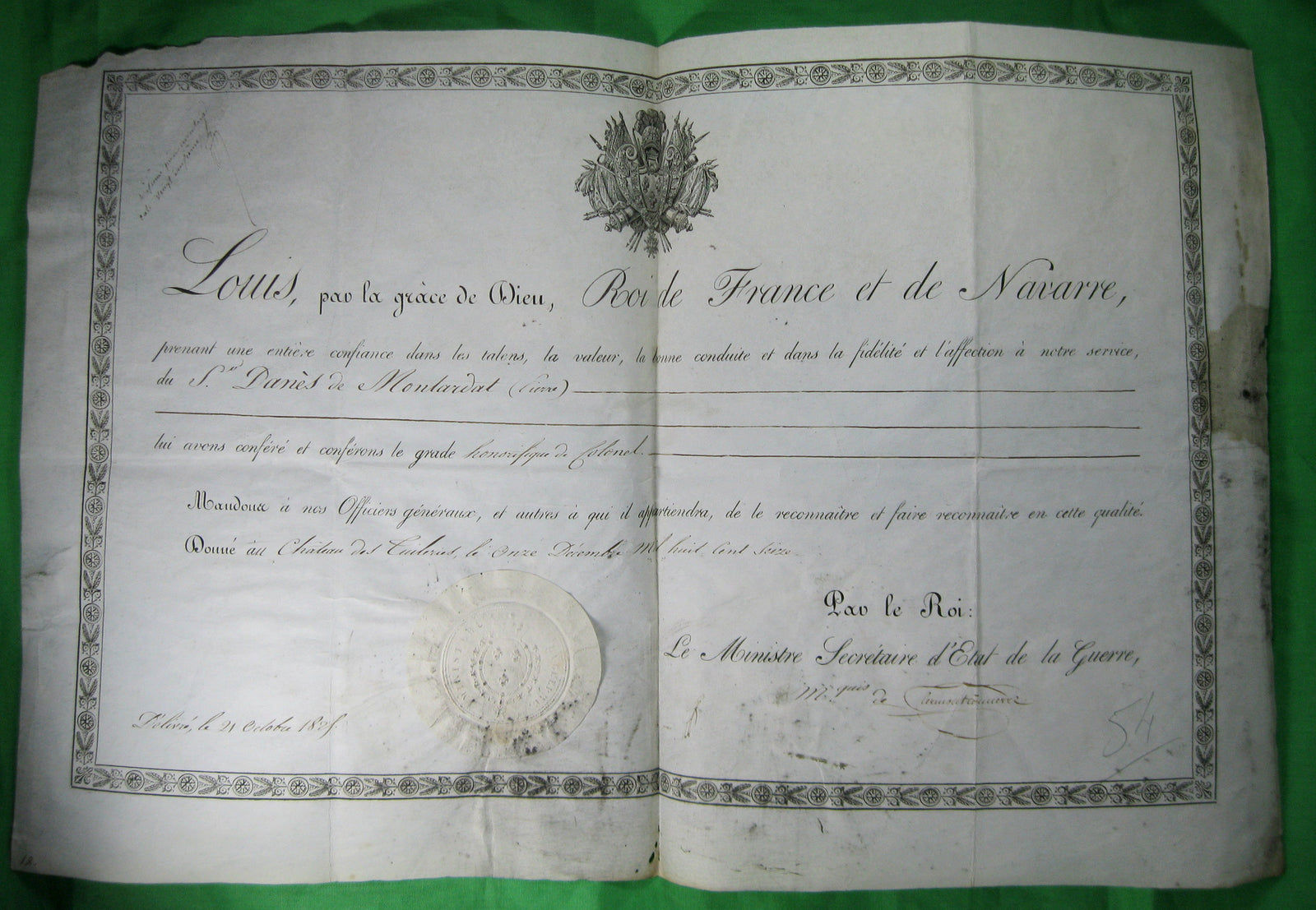 France 1816/1825 : Louis XVIII confère le grade honorifique de Colonel à l'oncle de l'Impératrice Joséphine