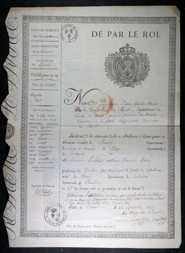 France 1817 Reuil, passport pour un coché du Comte de Castellane