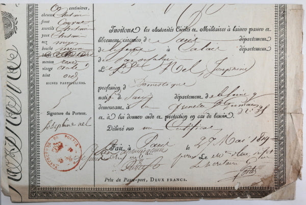 France 1819 Paris, laisser passer pour domestique, voyage à Calais