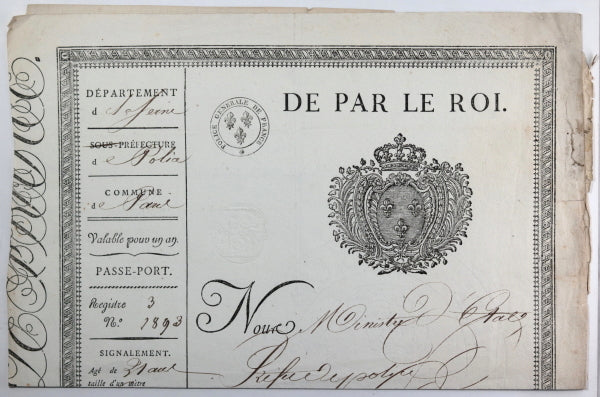 France 1819 Paris, laisser passer pour domestique, voyage à Calais