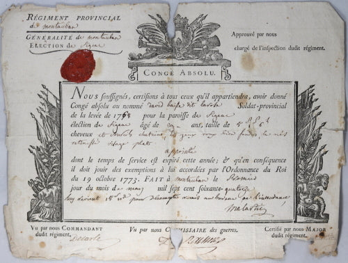 France Congé Absolu - Régiment de Montauban 1774