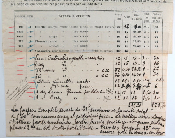 France, devis pour une installation d’Optique, Rouen vers 1900